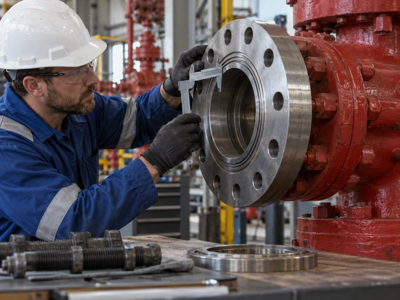 engineer inspecting an api 6a flange