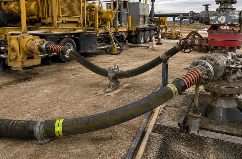 acid fracturing hose routed between pump and wellhead