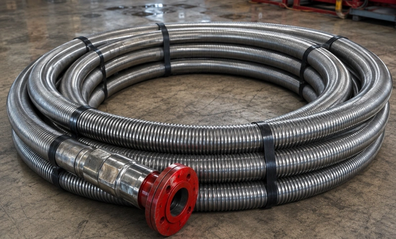 high pressure oilfield hose stored in wide coils to maintain proper bend radius