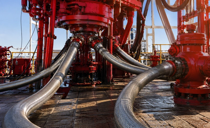 high pressure oilfield hoses installed with smooth bend radius on drilling equipment