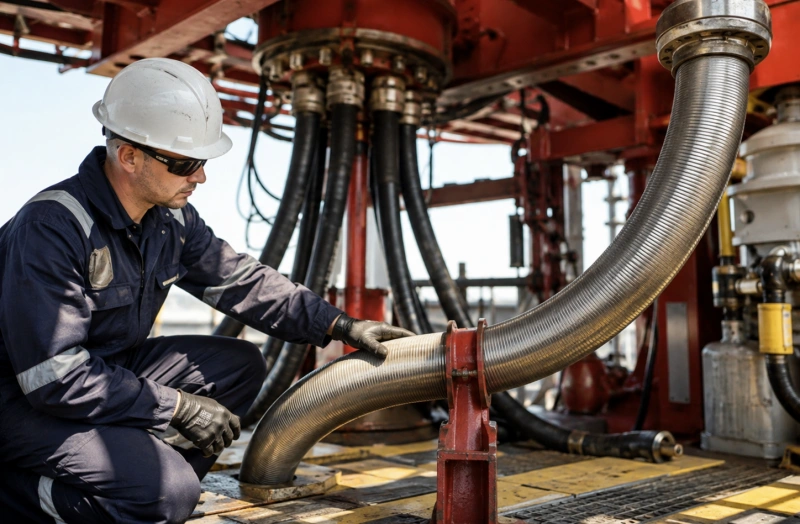 oilfield technician inspecting bend radius and routing of a high pressure hose assembly