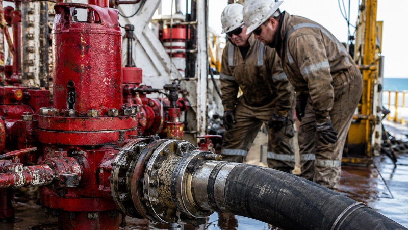 oilfield workers inspecting a flexible choke and kill hose connected to well control equipment