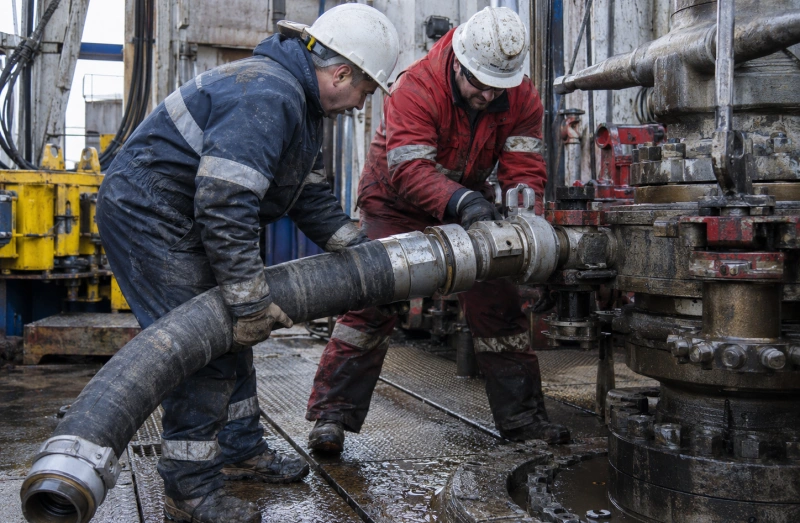 oilfield workers installing a flexible well control hose at a bop assembly