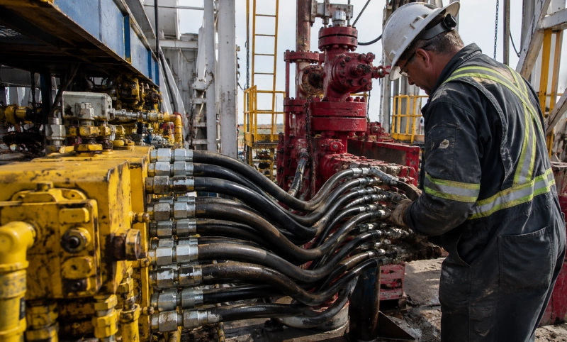 technician inspecting bop hydraulic control hoses and fittings on a drilling rig